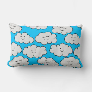 Cute Smiling Clouds on a Bright Blue Background Lumbar Cushion