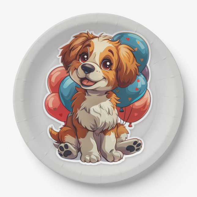 Cute Smiling Dog Balloons Birthday Paper Plate (Front)