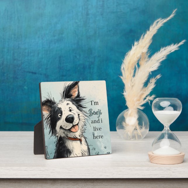 Cute Smiling Dog Illustration with Custom Name Plaque (Insitu)