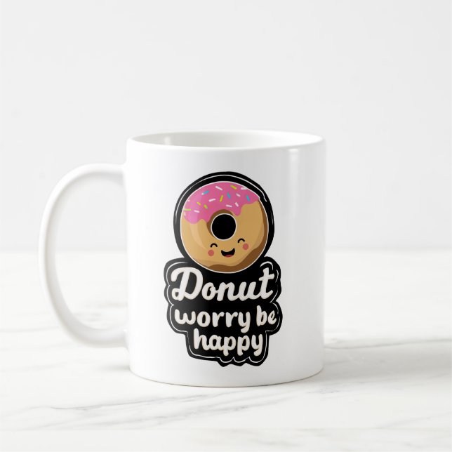 Cute Smiling Donut – “Donut Worry Be Happy” Illust Coffee Mug (Left)