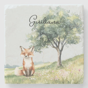 Cute Smiling Fox Field of Flowers Tree Stone Coaster