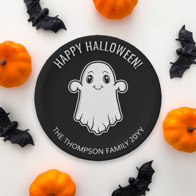 Cute Smiling Ghost Happy Halloween Black And White Paper Plate (Cute ghost design for a Halloween party or a get together. Personalize with your custom text!)