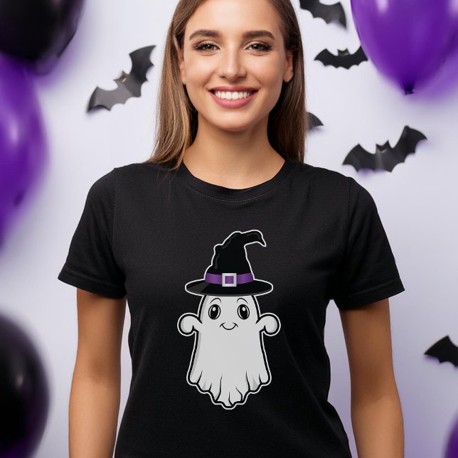 Cute Smiling Ghost Wearing A Witch Hat Halloween T-Shirt (Please note: This image is a digital mockup.)