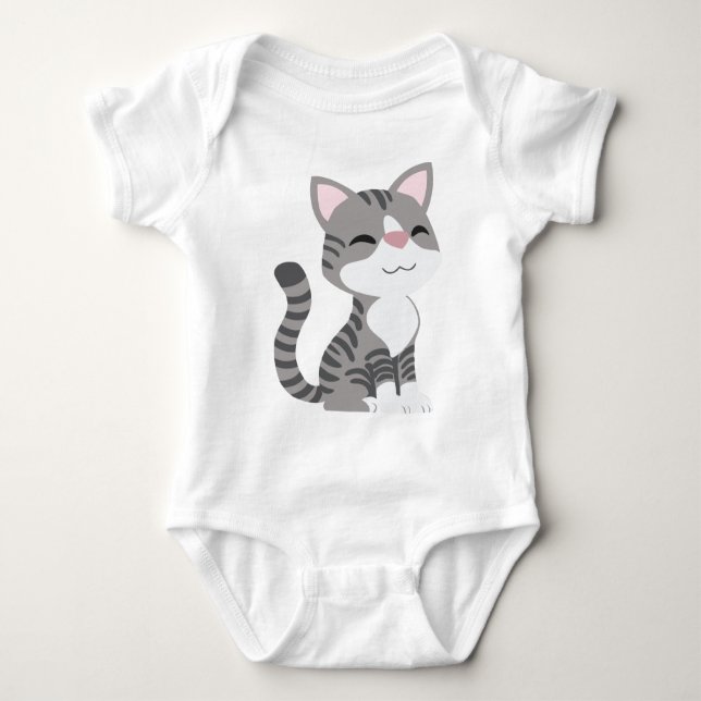 Cute Smiling Grey Tabby Cat Baby Bodysuit (Front)