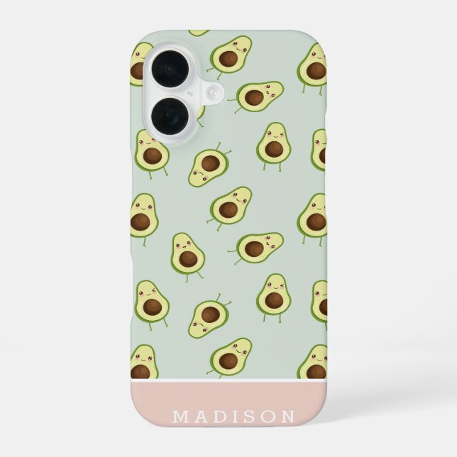 Cute Smiling Kawaii Avocado Pattern Personalised iPhone 16 Case (Back)