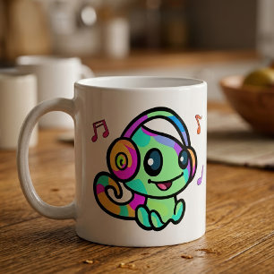 Cute Smiling Kawaii Baby Chameleon With Headphones Coffee Mug