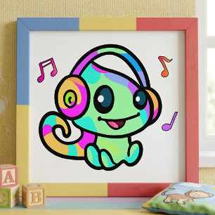 Cute Smiling Kawaii Baby Chameleon With Headphones Photo Print