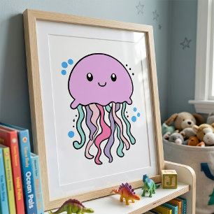 Cute smiling Kawaii Baby Jellyfish with Bubbles Photo Print
