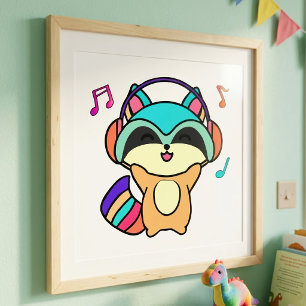 Cute smiling Kawaii Baby Racoon with Headphones Photo Print