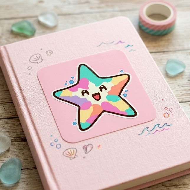 Cute Smiling Kawaii Baby Starfish with Bubbles Square Sticker (Cute Smiling Kawaii Baby Starfish with Bubbles. Square Sticker)