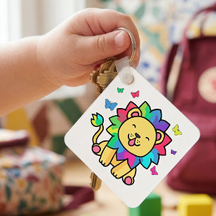 Cute smiling Kawaii Lion with Butterflies Cartoon Key Ring