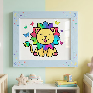 Cute smiling Kawaii Lion with Butterflies Cartoon Photo Print