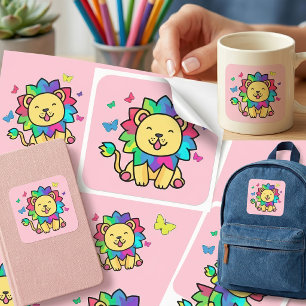 Cute smiling Kawaii Lion with Butterflies Cartoon Square Sticker