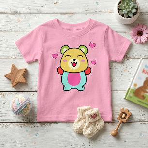 Cute smiling Kawaii Teddy Bear with Love Hearts Baby T-Shirt