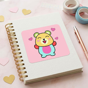 Cute smiling Kawaii Teddy Bear with Love Hearts Square Sticker