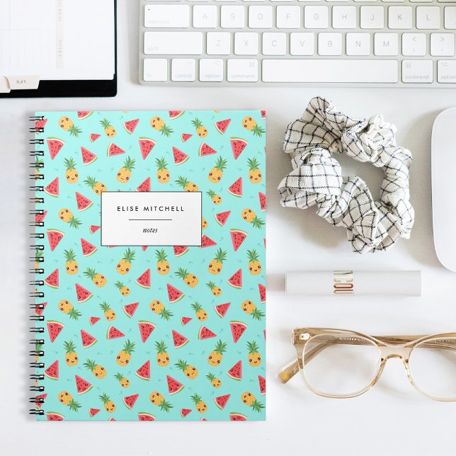 Cute Smiling Kawaii Watermelon & Pineapple Pattern Notebook (Creator Uploaded)