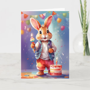 Cute smiling male rabbit holding cake! Card