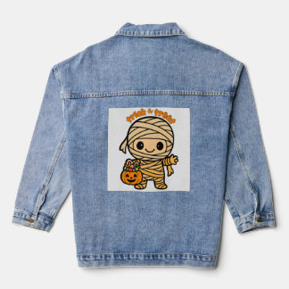 Cute Smiling Mummy Kid with Pumpkin Candy Basket  Denim Jacket