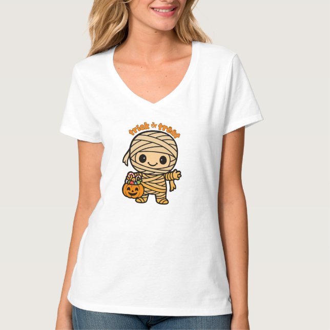 Cute Smiling Mummy Kid with Pumpkin Candy Basket  T-Shirt (Front)
