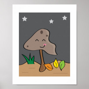 Cute Smiling Mushroom Starry Woodland Art Poster