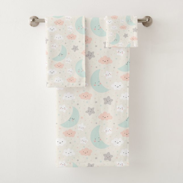 Cute Smiling Pastel Sky Pattern Bath Towel Set (Insitu)