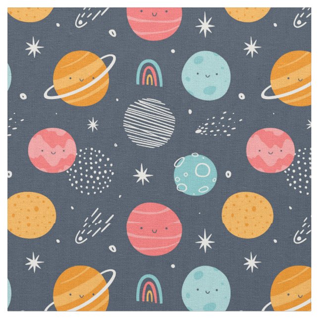 Cute Smiling Planet Pattern Fabric (Close Up)