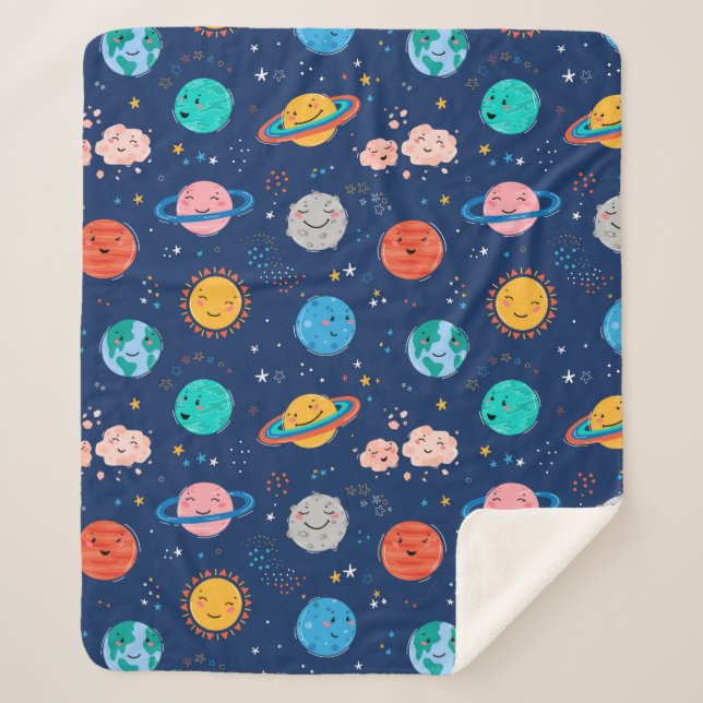 Cute Smiling Planet Pattern Sherpa Blanket (Front)