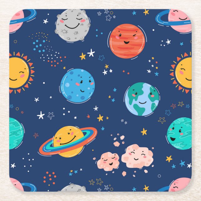 Cute Smiling Planet Pattern Square Paper Coaster (Front)