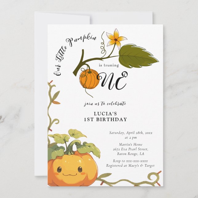 Cute Smiling Pumpkin Land 1st Birthday Invitation (Front)