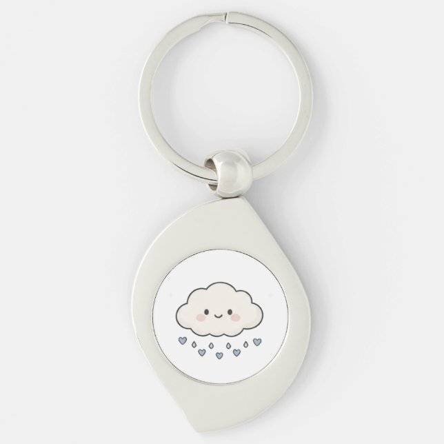 Cute Smiling Rain Cloud Raining Hearts Aesthetic Key Ring (Front)