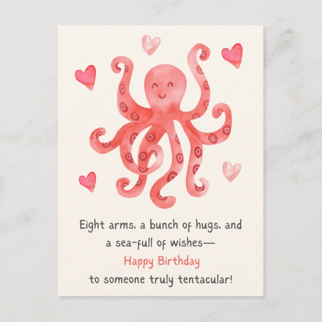 Cute Smiling Red Octopus Hearts Happy Birthday Postcard (Front)