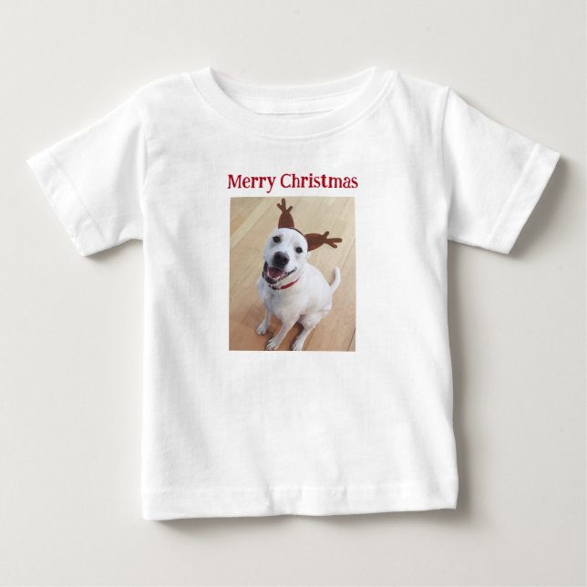 Cute Smiling Reindeer Puppy Dog Christmas Baby T-Shirt (Front)