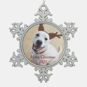 Cute Smiling Reindeer White Puppy Dog Christmas S Snowflake Pewter Christmas Ornament