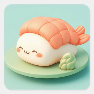 Cute Smiling Shrimp Sushi and Wasabi Square Sticker