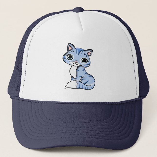 CUTE SMILING SKY BLUE KITTEN WITH BLUE EYES. TRUCKER HAT (Front)