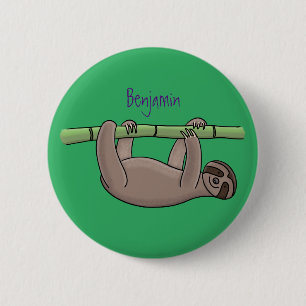 Cute smiling sloth on bamboo cartoon illustration 6 cm round badge