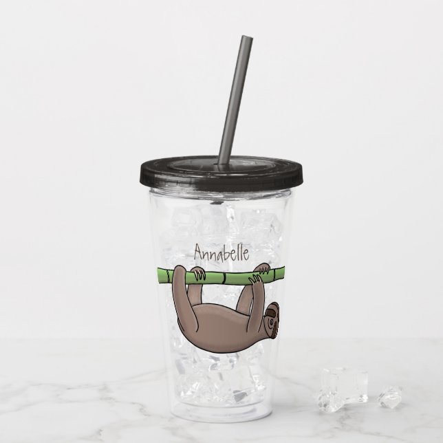 Cute smiling sloth on bamboo cartoon illustration acrylic tumbler (Back Ice)