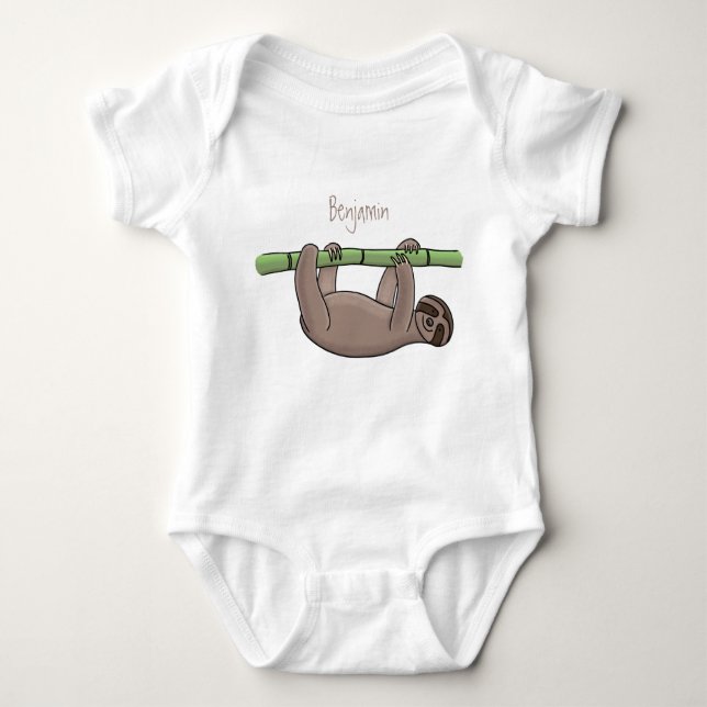 Cute smiling sloth on bamboo cartoon illustration baby bodysuit (Front)