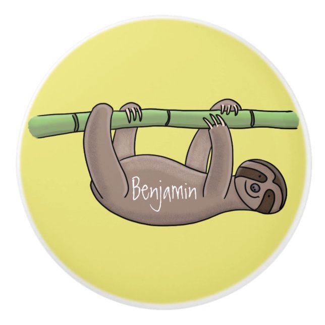Cute smiling sloth on bamboo cartoon illustration ceramic knob (Front)