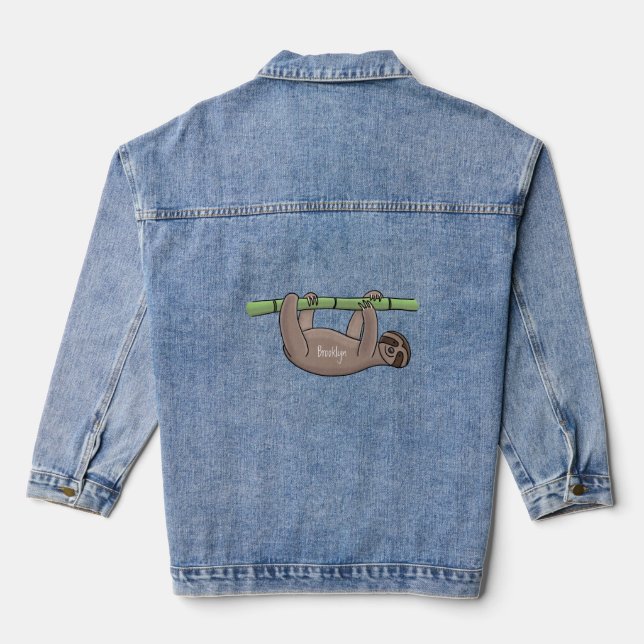 Cute smiling sloth on bamboo cartoon illustration denim jacket (Back)