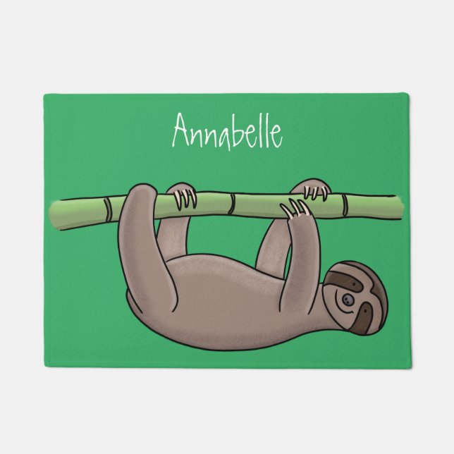 Cute smiling sloth on bamboo cartoon illustration doormat (Front)