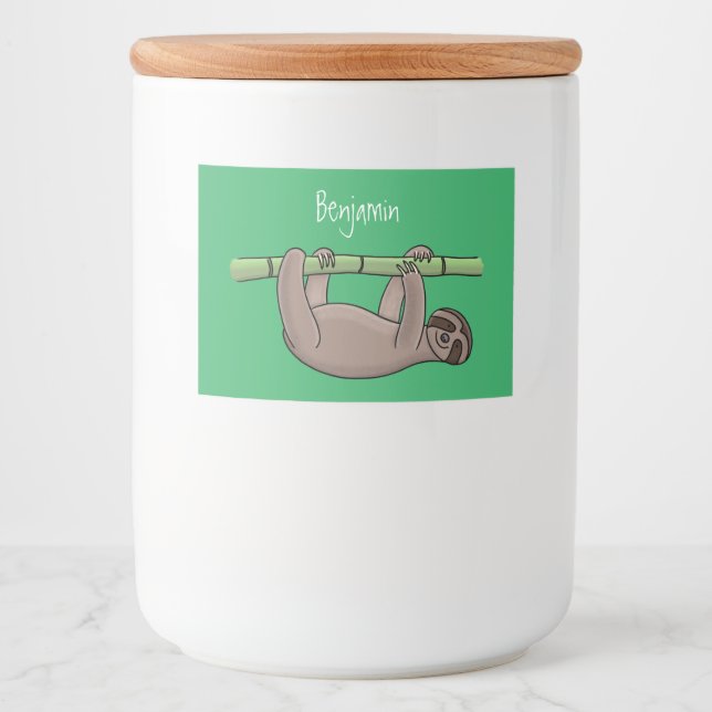 Cute smiling sloth on bamboo cartoon illustration food label (Front)