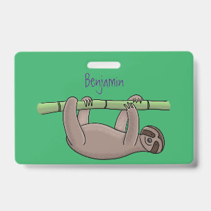 Cute smiling sloth on bamboo cartoon illustration ID badge