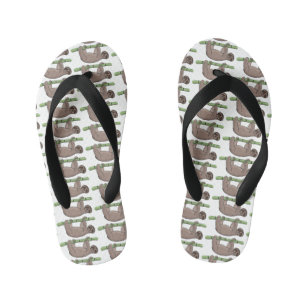 Cute smiling sloth on bamboo cartoon illustration kid's jandals