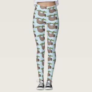 Cute smiling sloth on bamboo cartoon illustration leggings