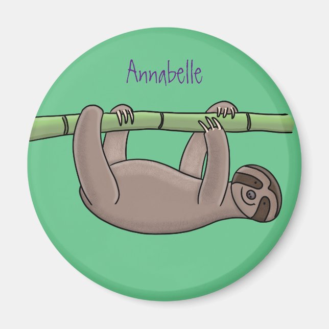 Cute smiling sloth on bamboo cartoon illustration magnet (Front)