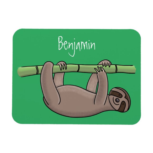 Cute smiling sloth on bamboo cartoon illustration magnet (Horizontal)