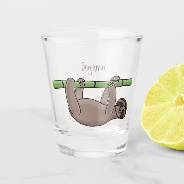 Cute smiling sloth on bamboo cartoon illustration  shot glass (Front)