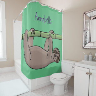 Cute smiling sloth on bamboo cartoon illustration shower curtain