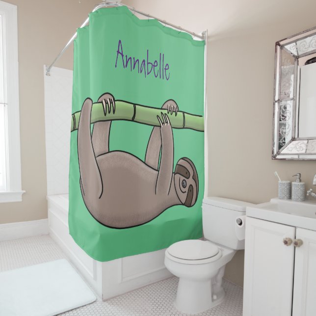 Cute smiling sloth on bamboo cartoon illustration shower curtain (In Situ)